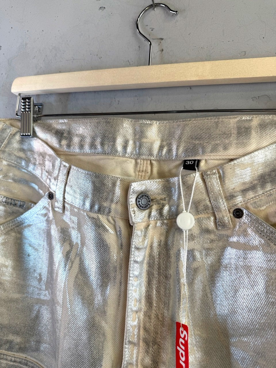 Supreme x MM6 Maison Margiela Silver Foil Painter Pants, Supreme button