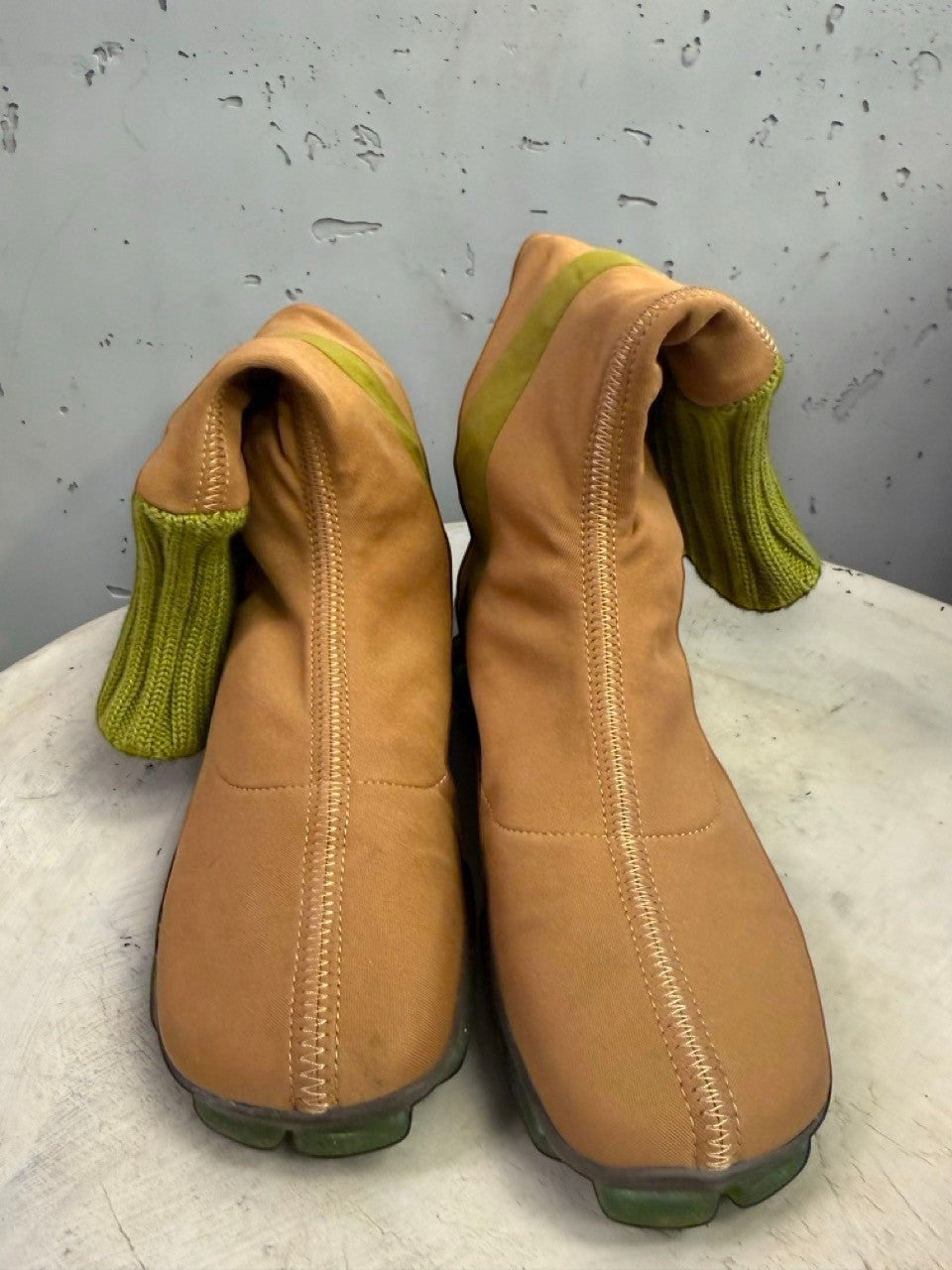 BERLIN VINTAGE CORNER mid-calf pull-on boots in tan fabric with olive green ribbed knit cuffs and vertical panel detail