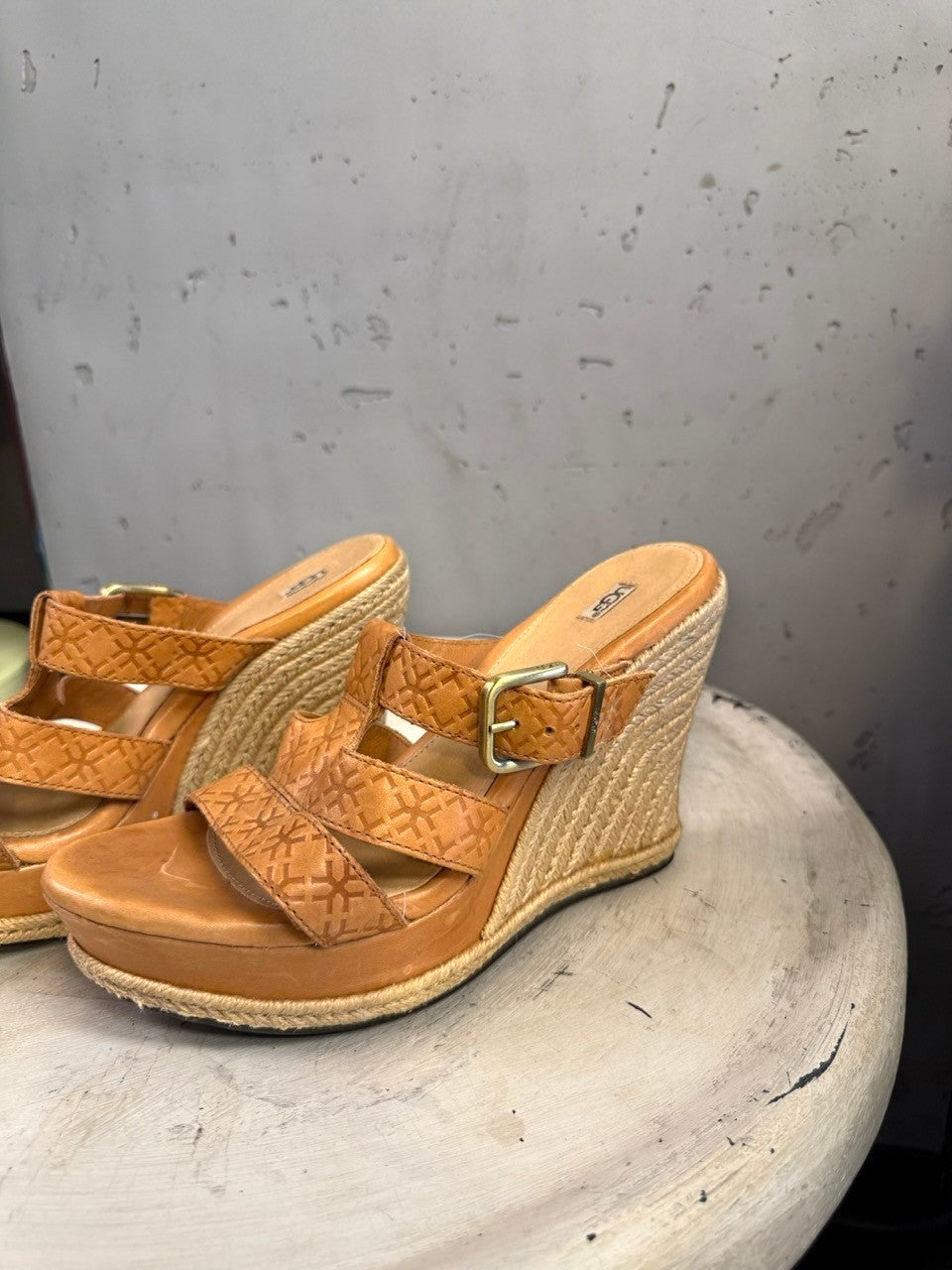 BERLIN VINTAGE CORNER tan leather espadrille wedge sandals with embossed straps and buckle closure.