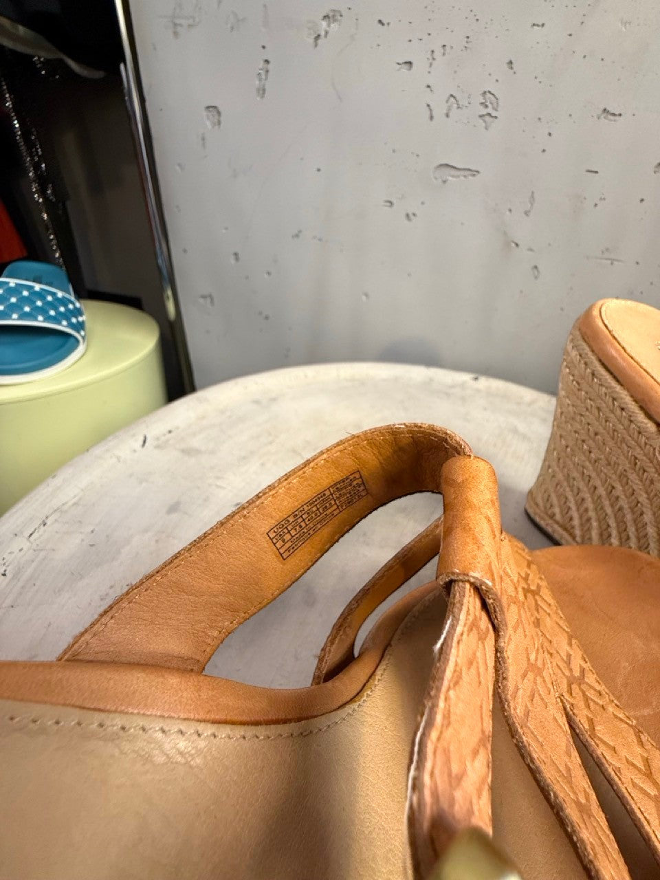 BERLIN VINTAGE CORNER tan leather UGG espadrille wedge sandals with embossed straps and jute sole.