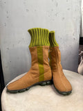 BERLIN VINTAGE CORNER tan fabric mid-calf boots with olive green ribbed knit cuffs and segmented green outsoles.