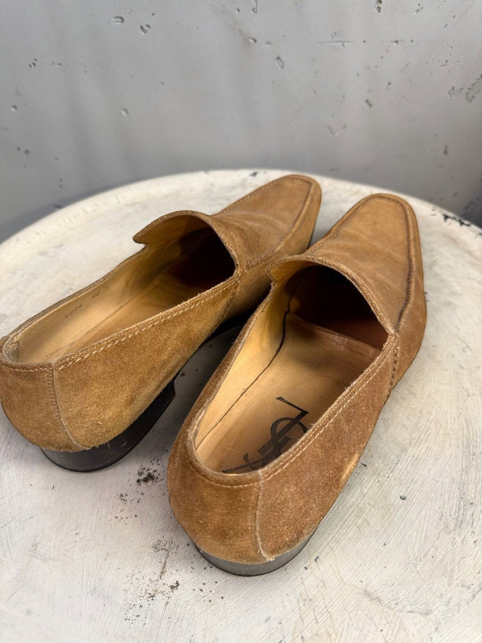 BERLIN VINTAGE CORNER tan suede slip-on loafers with subtle stitching detail and YSL logo inside.