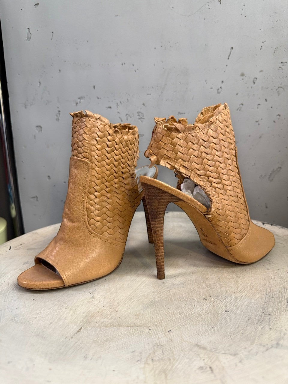 BERLIN VINTAGE CORNER tan woven leather peep-toe heeled booties with side zipper and cut-out details.