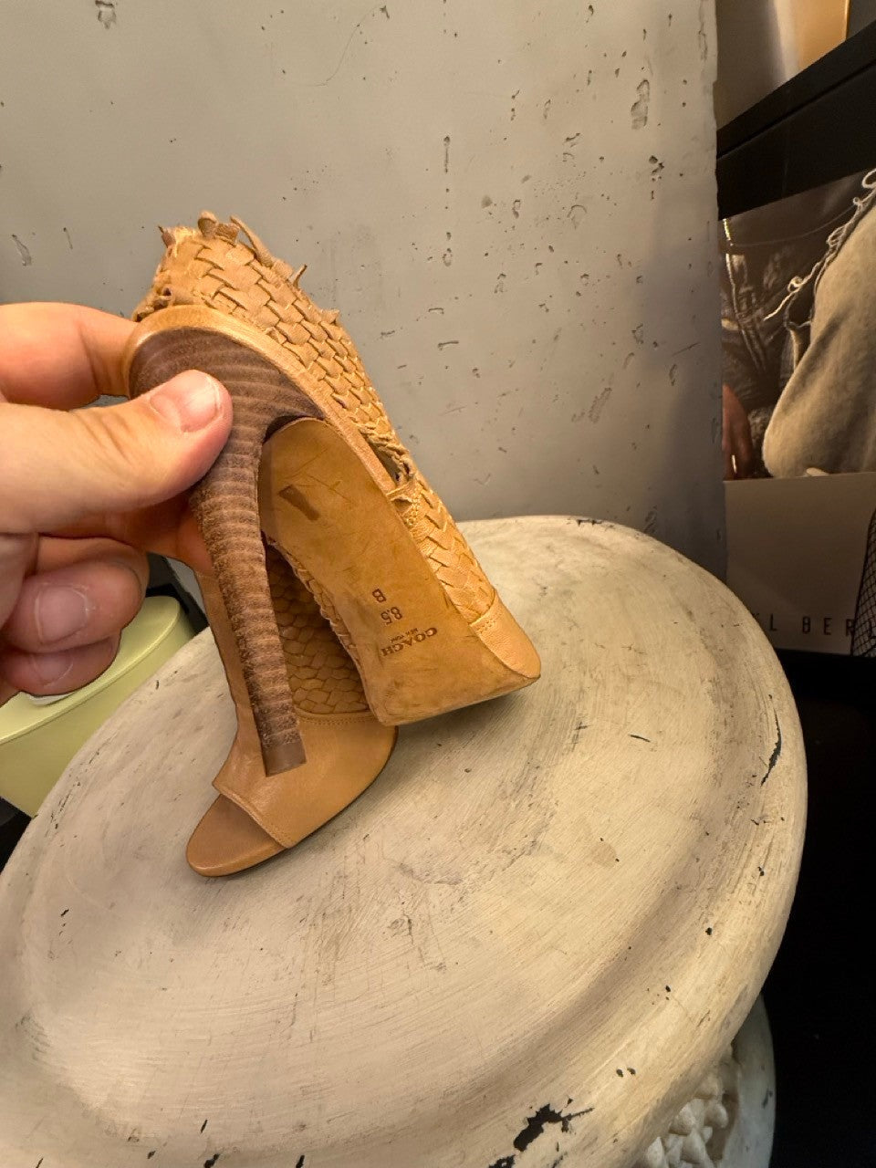 BERLIN VINTAGE CORNER tan woven leather peep-toe heeled booties with stiletto heel and side zipper.
