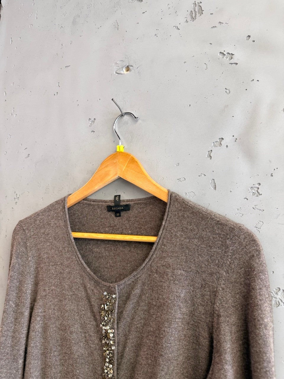BERLIN VINTAGE CORNER taupe cashmere blend cardigan sweater with crystal embellishment down the front placket.
