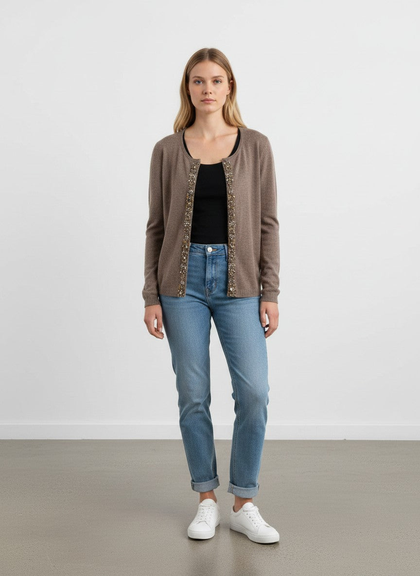 BERLIN VINTAGE CORNER taupe cashmere blend crew neck cardigan with crystal and bead embellishment on front placket.
