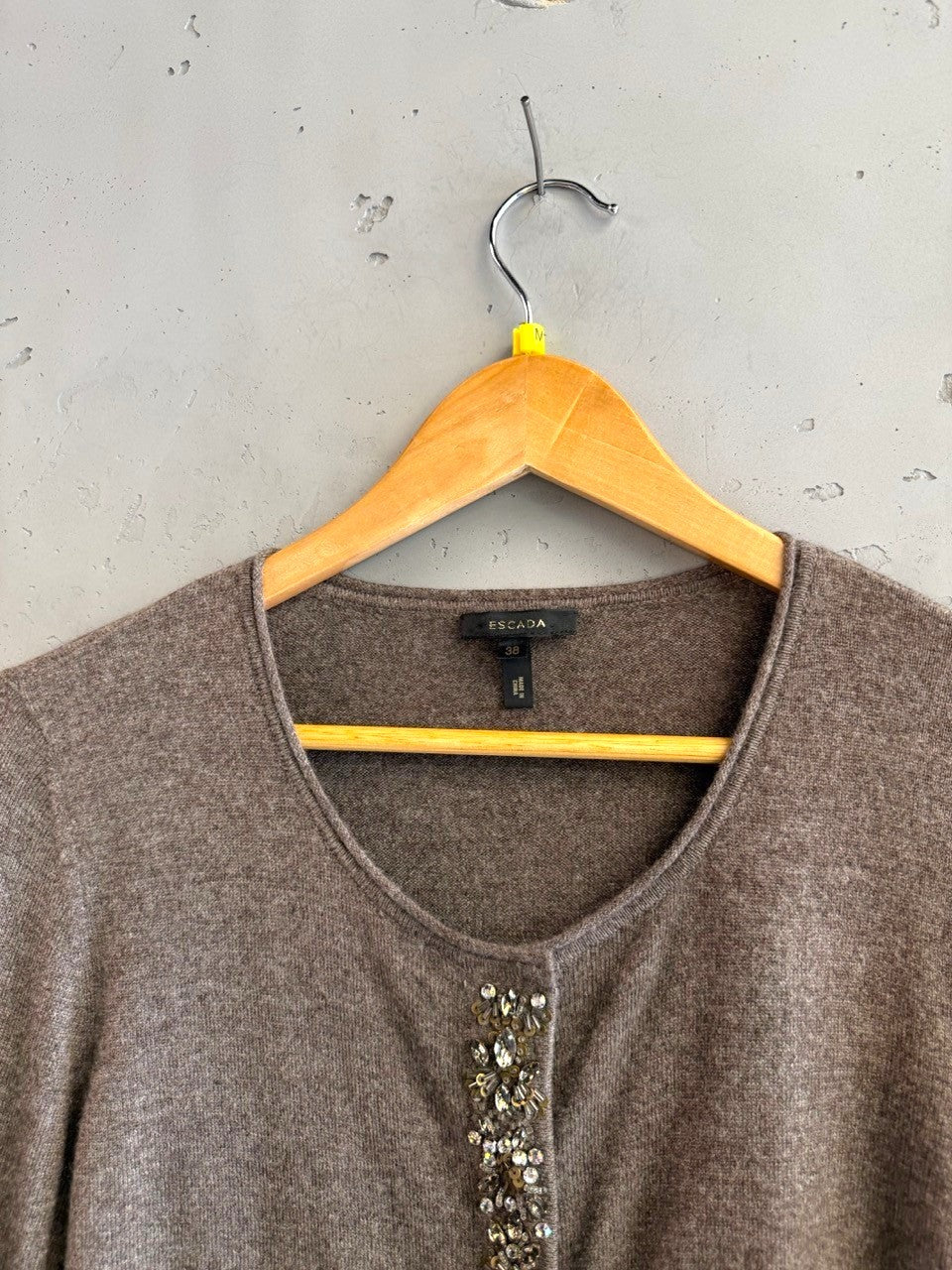 BERLIN VINTAGE CORNER taupe cashmere blend cardigan sweater with crystal embellishments on the button front.