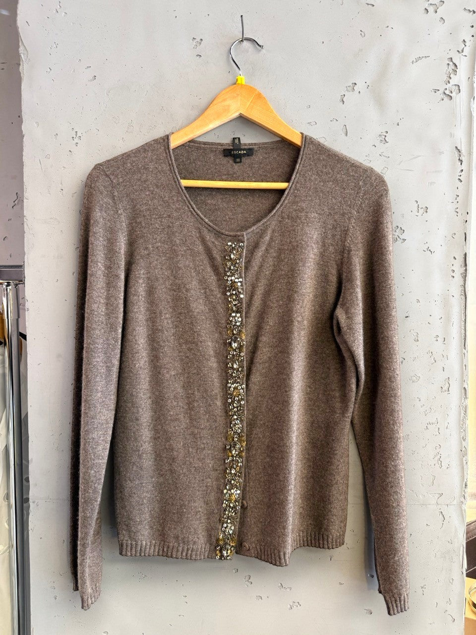 BERLIN VINTAGE CORNER taupe cashmere blend crew neck cardigan sweater with crystal and bead embellishment down the front placket.