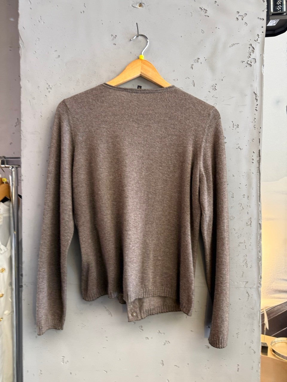 BERLIN VINTAGE CORNER taupe cashmere blend long-sleeved cardigan sweater with crew neck and button front closure.