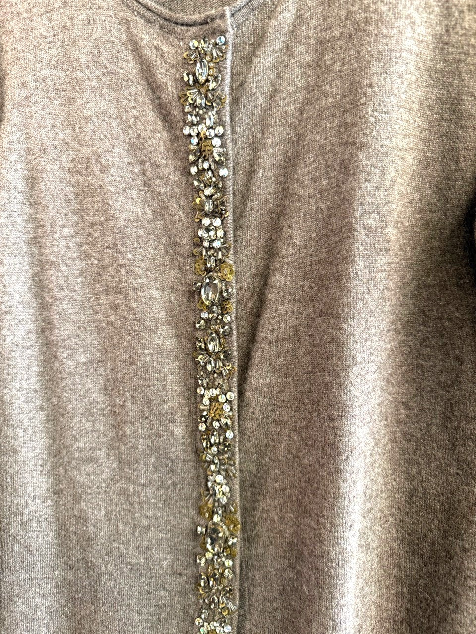 BERLIN VINTAGE CORNER taupe cashmere blend cardigan sweater with crystal and bead embellishment down the front placket.