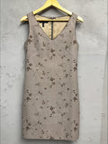 BERLIN VINTAGE CORNER taupe textured sheath dress with all-over floral embroidery, V-neckline, and sleeveless design.