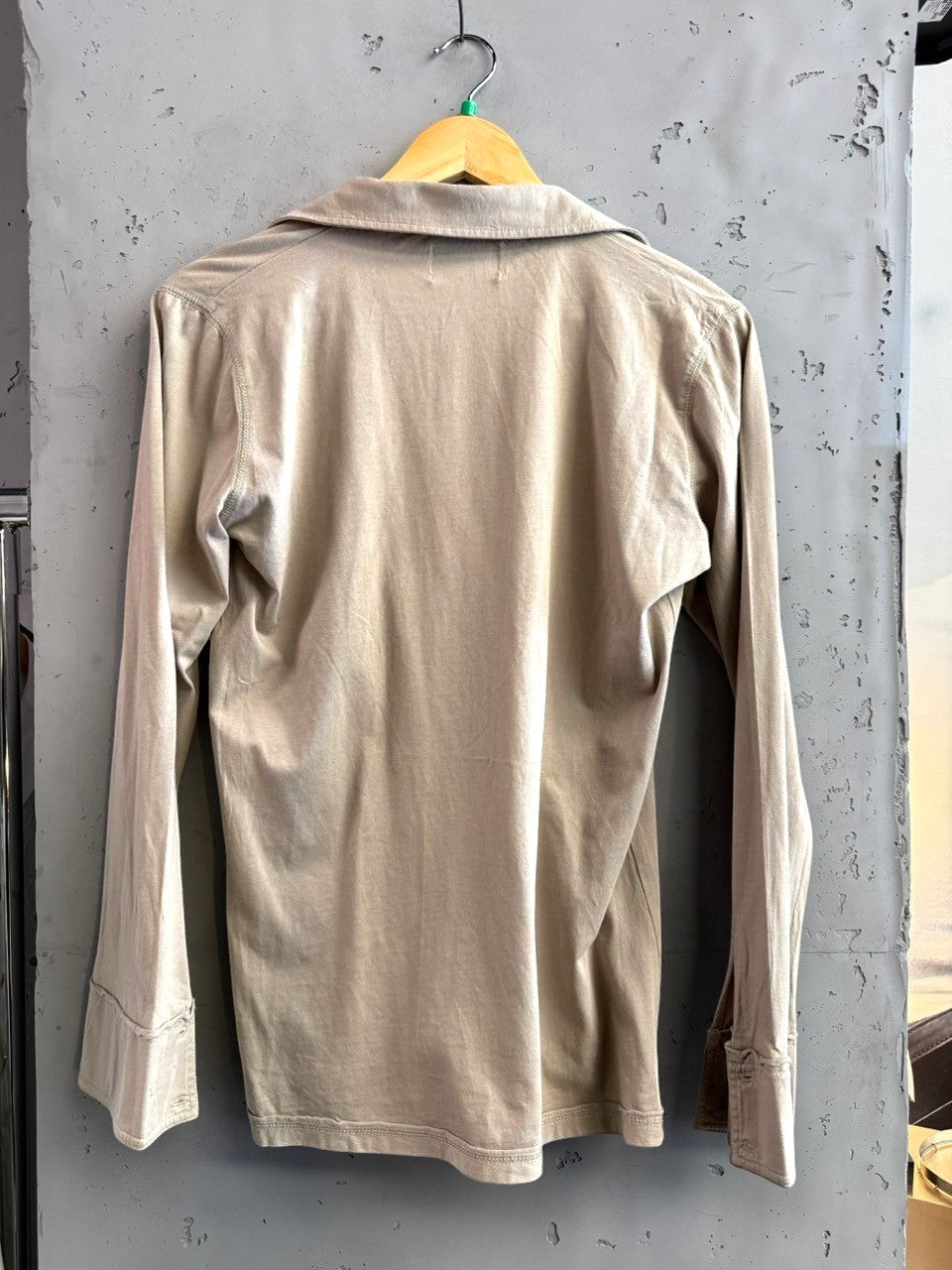 BERLIN VINTAGE CORNER taupe long sleeve button-up shirt with pintuck detail and cuffed sleeves.