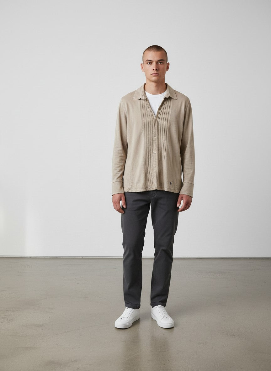 BERLIN VINTAGE CORNER taupe long sleeve button-up shirt with pintuck detail and embroidered logo on hem.