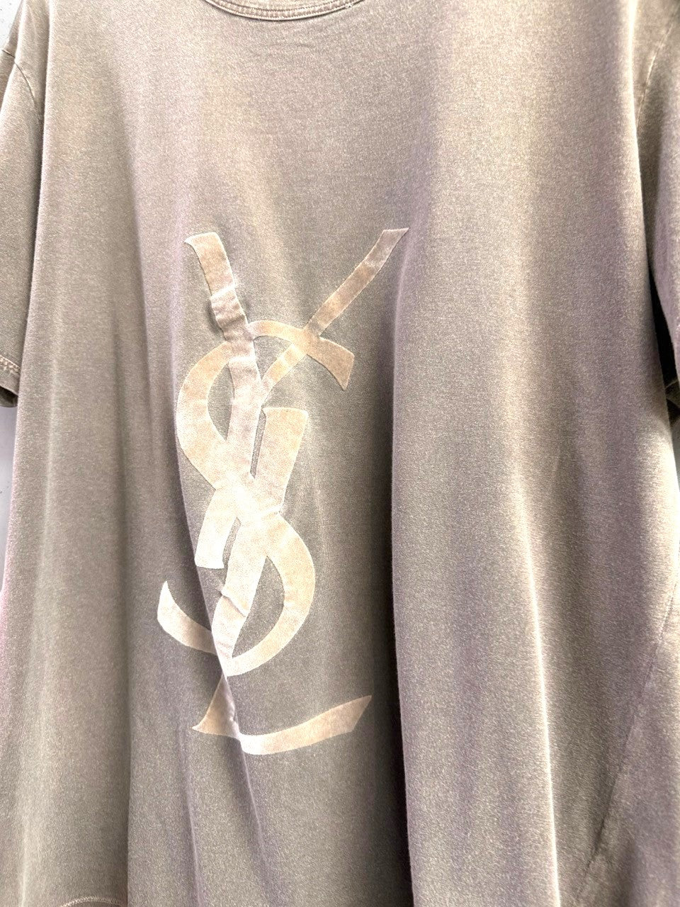 BERLIN VINTAGE CORNER taupe cotton t-shirt with tonal YSL logo graphic, vintage wash