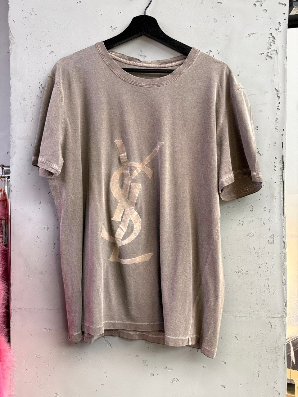 BERLIN VINTAGE CORNER taupe cotton t-shirt with tonal YSL logo graphic and vintage wash