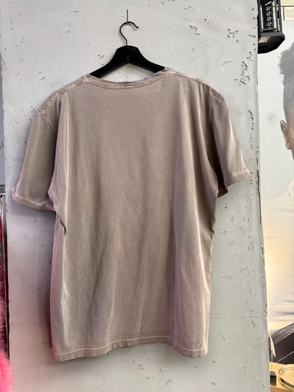 BERLIN VINTAGE CORNER taupe cotton t-shirt with tonal YSL logo graphic and vintage wash.