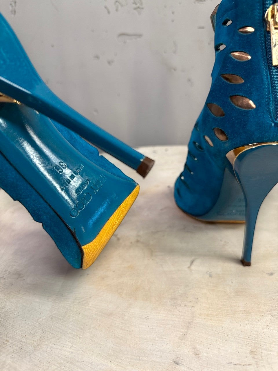 BERLIN VINTAGE CORNER Jimmy Choo teal suede cutout stiletto booties with metallic gold heel accents and back zipper
