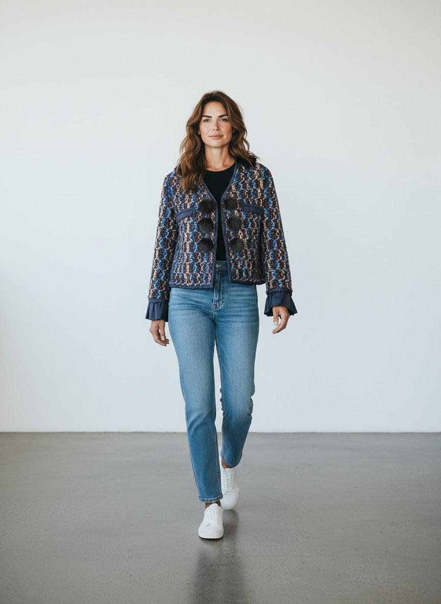 BERLIN VINTAGE CORNER textured tweed cropped jacket with blue, brown, yellow pattern, black fur collar, pom-poms, and ruffled cuffs.