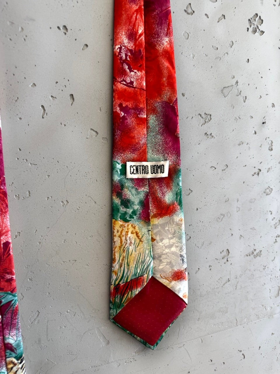 BERLIN VINTAGE CORNER red and green silk tie with abstract tiger print and jungle motif.