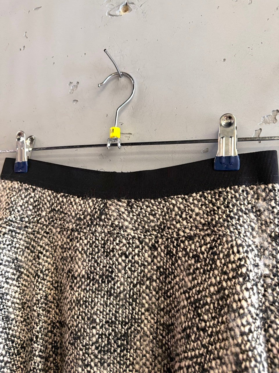 BERLIN VINTAGE CORNER black and cream marled tweed A-line skirt with black waistband.