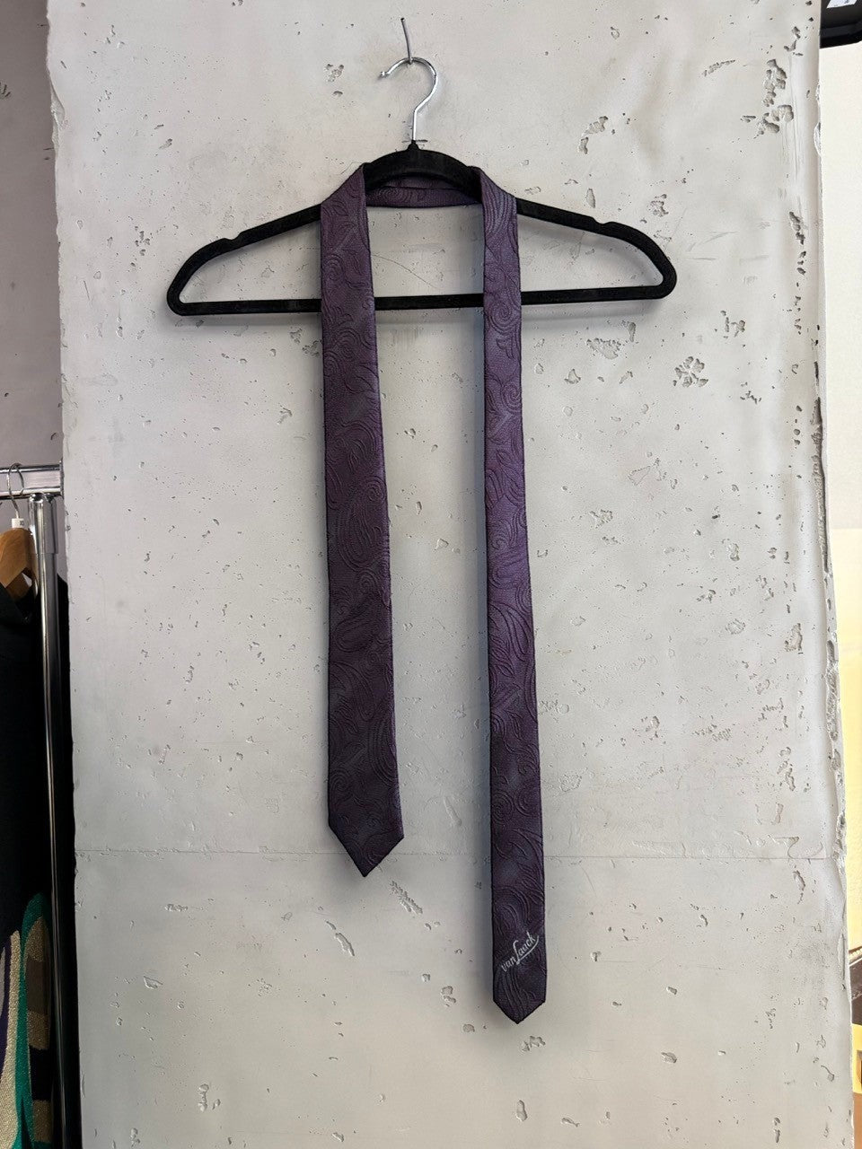 BERLIN VINTAGE CORNER Van Laack deep purple silk necktie with a subtle tonal paisley jacquard pattern on a hanger.