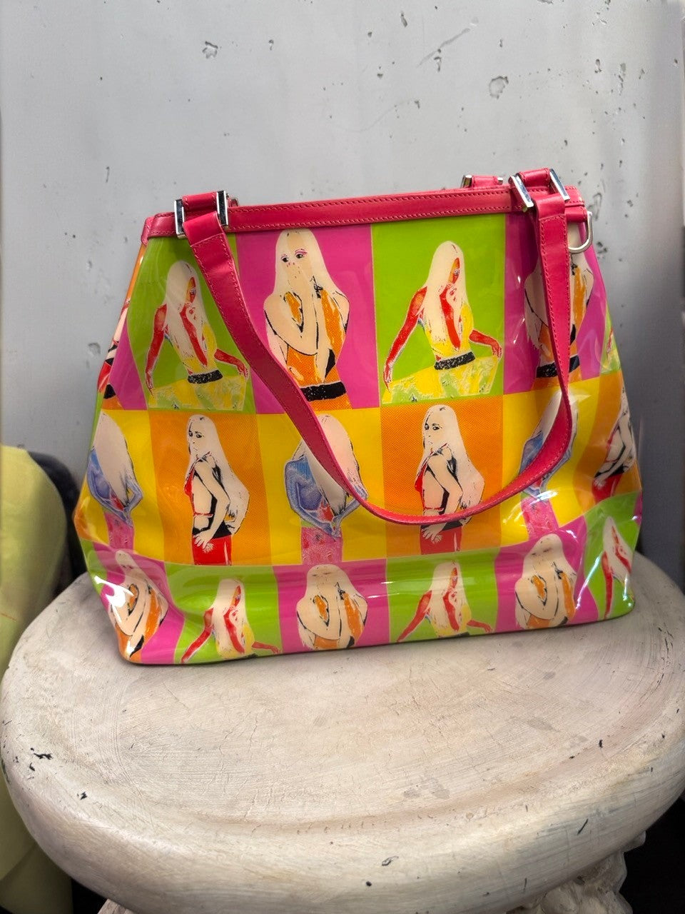 BERLIN VINTAGE CORNER Versace pop art print patent leather tote bag with pink, green, and orange stylized figures.