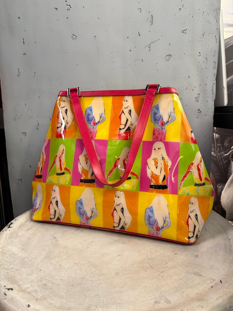BERLIN VINTAGE CORNER Versace pop art print patent leather tote bag in pink, green, and orange with structured handles