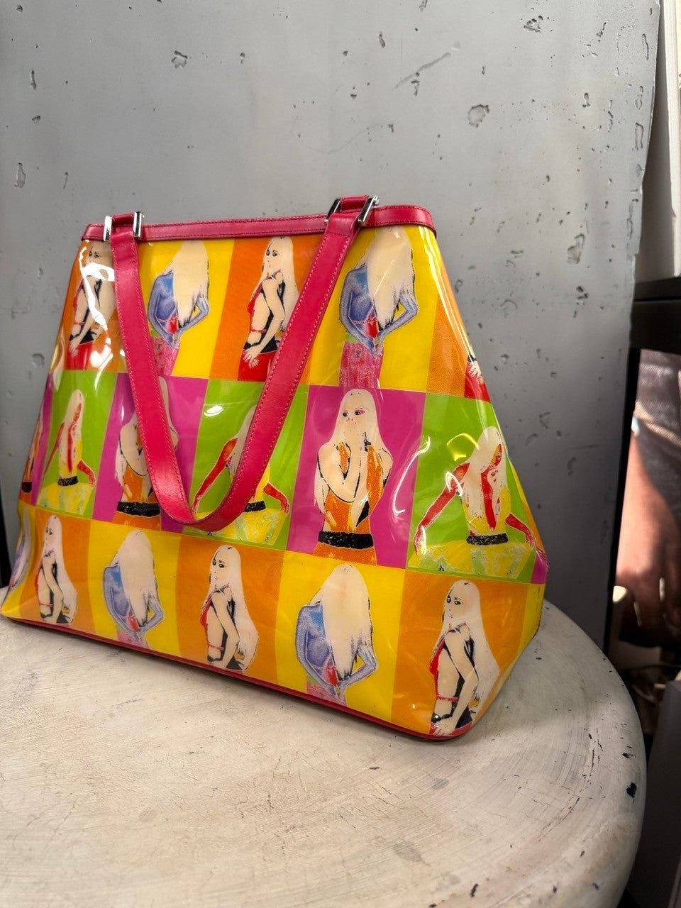 BERLIN VINTAGE CORNER Versace pop art print patent leather tote bag with pink handles and vibrant multi-color design.