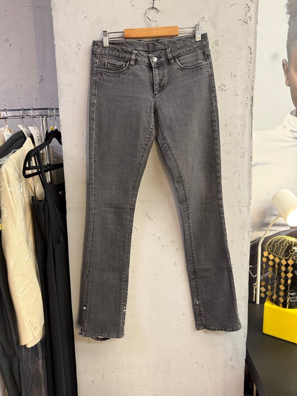 Grey skinny stretch jeans, full front view