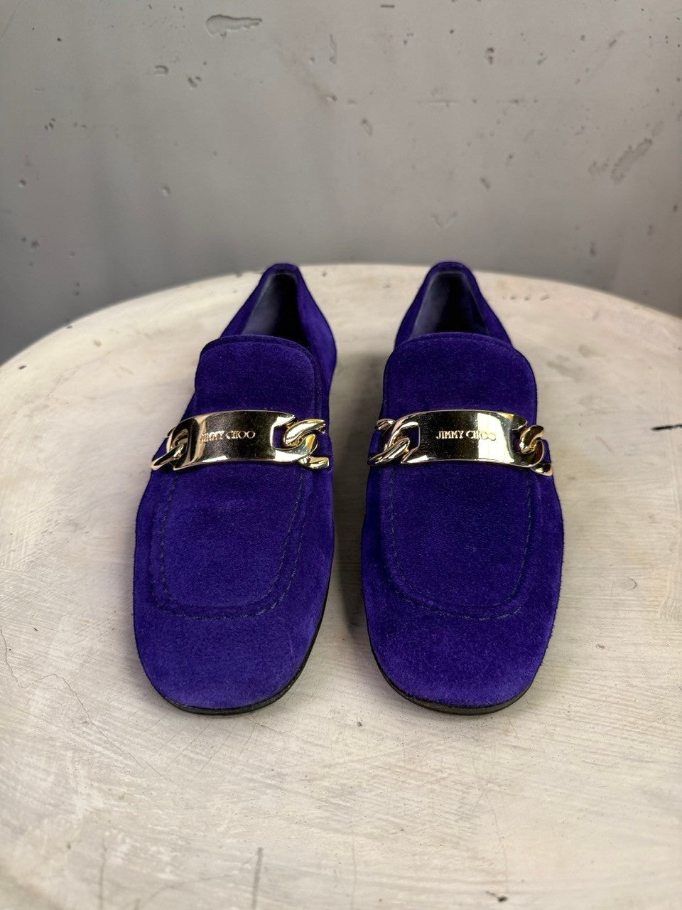 BERLIN VINTAGE CORNER Jimmy Choo deep violet suede loafers featuring polished gold-tone chain hardware on the vamp.