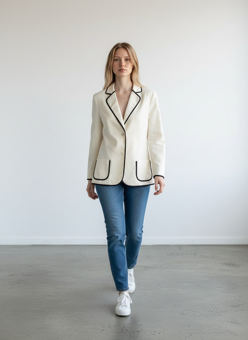 BERLIN VINTAGE CORNER white sport blazer with black piping, notched lapel, single-breasted front, and pocket details.