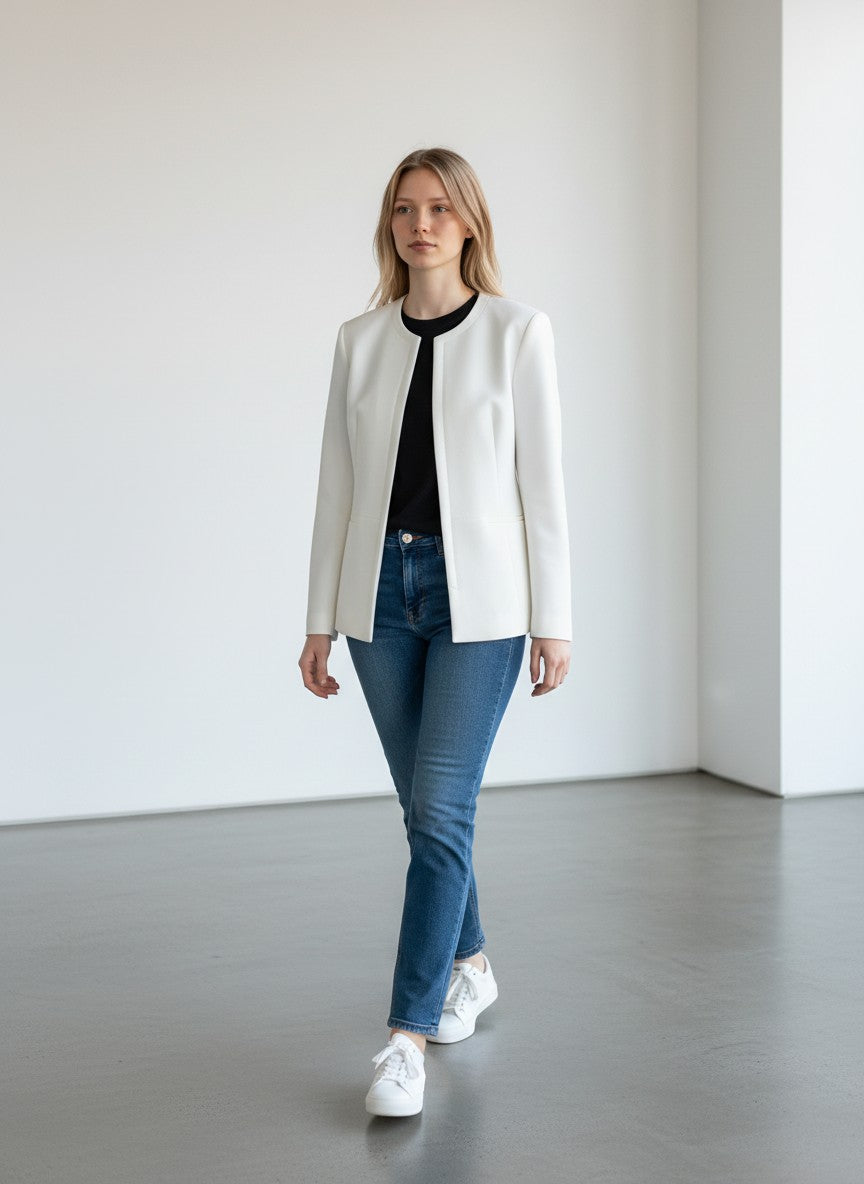 BERLIN VINTAGE CORNER white cropped jacket with piped pocket and high neckline. Structured fabric, minimalist design.