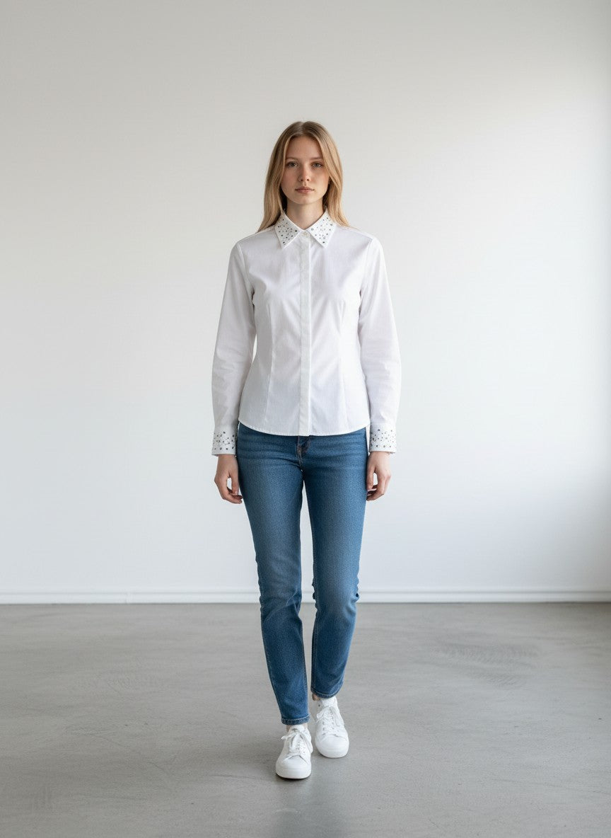 BERLIN VINTAGE CORNER white long sleeve button-up shirt with embroidered collar and cuffs accented with rhinestones.