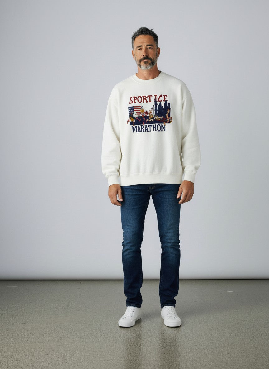 BERLIN VINTAGE CORNER white crewneck sweatshirt with Sport Ice Marathon graphic, American flag, and cityscape. Vintage athletic style.