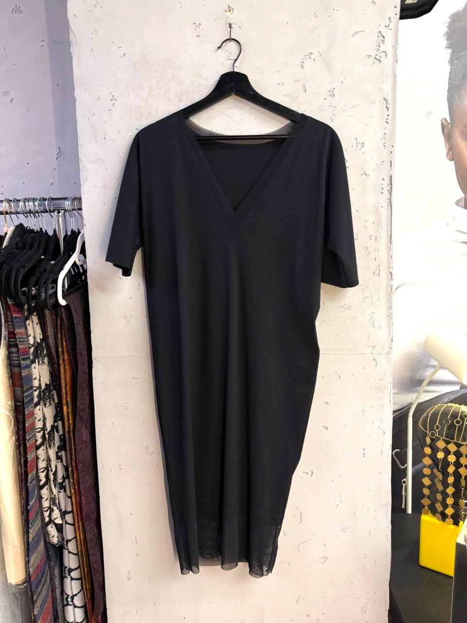 Wolford Black V Neck Dress with Sheer Tulle Hem