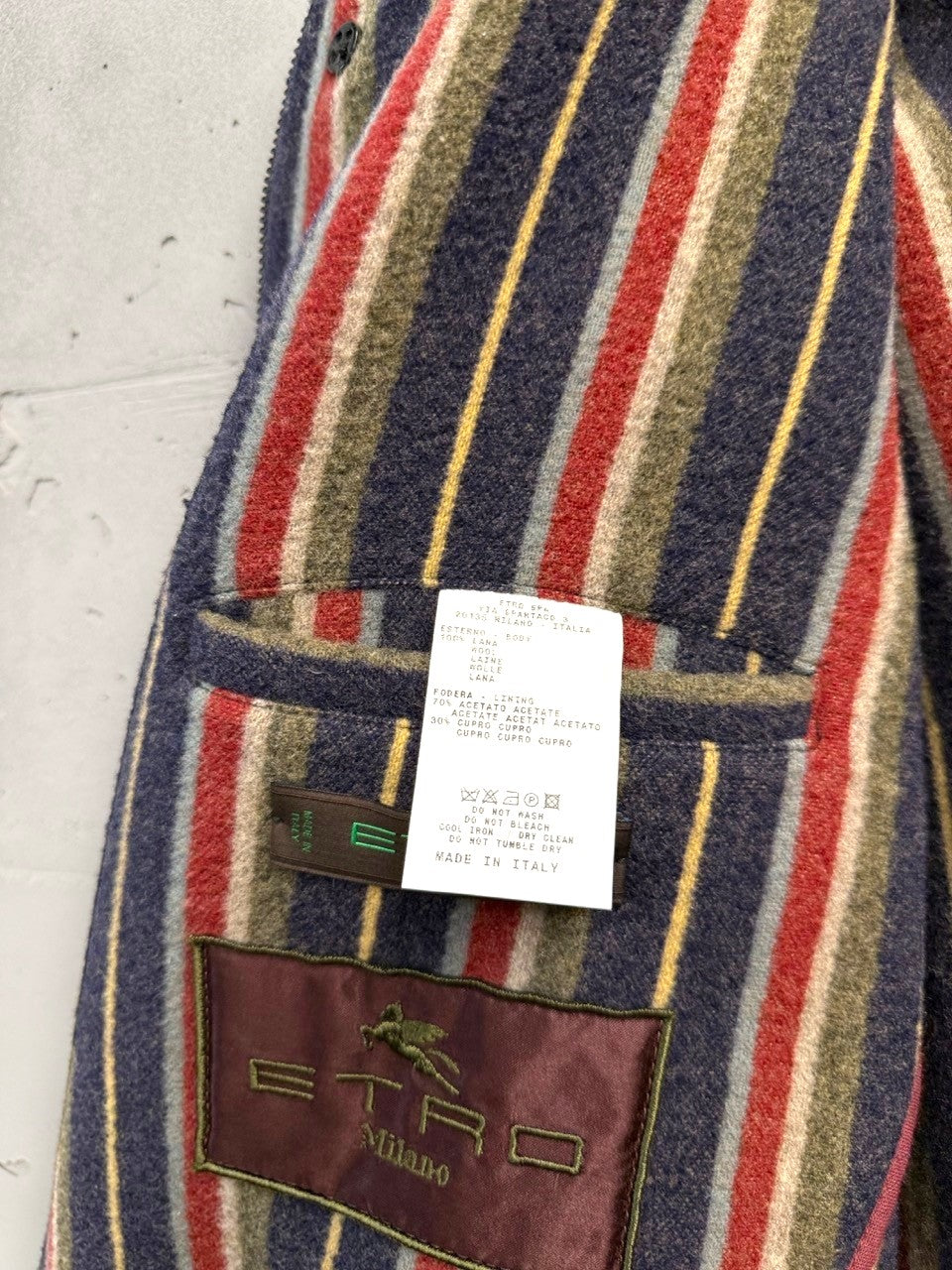 BERLIN VINTAGE CORNER brown plaid wool blend field jacket with a colorful striped lining and Etro Milano logo.
