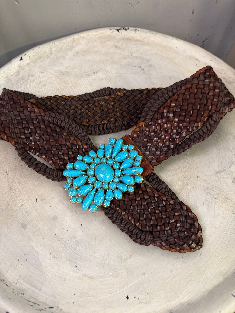 BERLIN VINTAGE CORNER dark brown woven leather belt with ornate gold-tone buckle featuring turquoise stones.