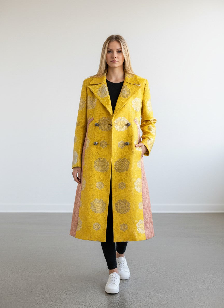 BERLIN VINTAGE CORNER yellow brocade jacket with gold and silver floral motifs, dusty rose panels, and bee emblem.