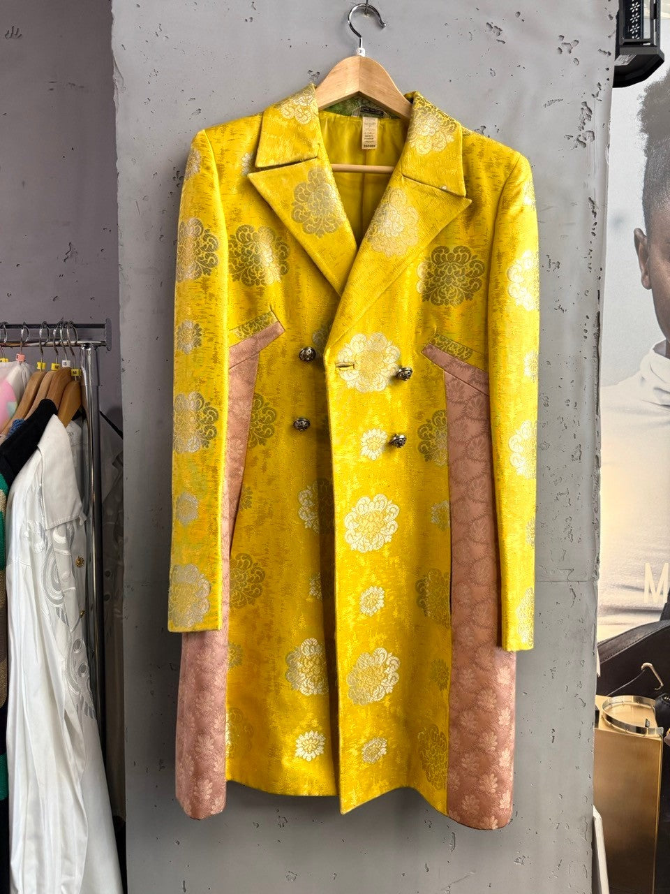 BERLIN VINTAGE CORNER yellow brocade jacket with gold and silver floral motifs, dusty rose panels, and bee emblem.