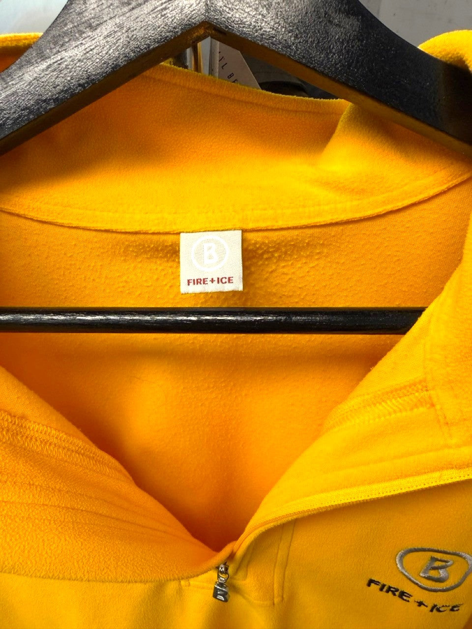 BERLIN VINTAGE CORNER yellow fleece quarter zip pullover with embroidered Fire + Ice logo.