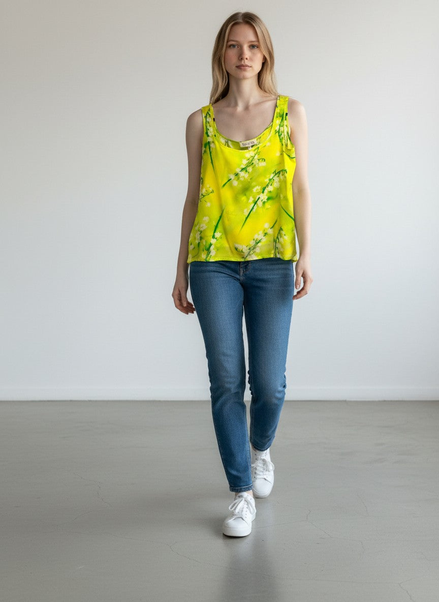 BERLIN VINTAGE CORNER yellow silk blend tank top with lily of the valley floral print and scoop neckline.