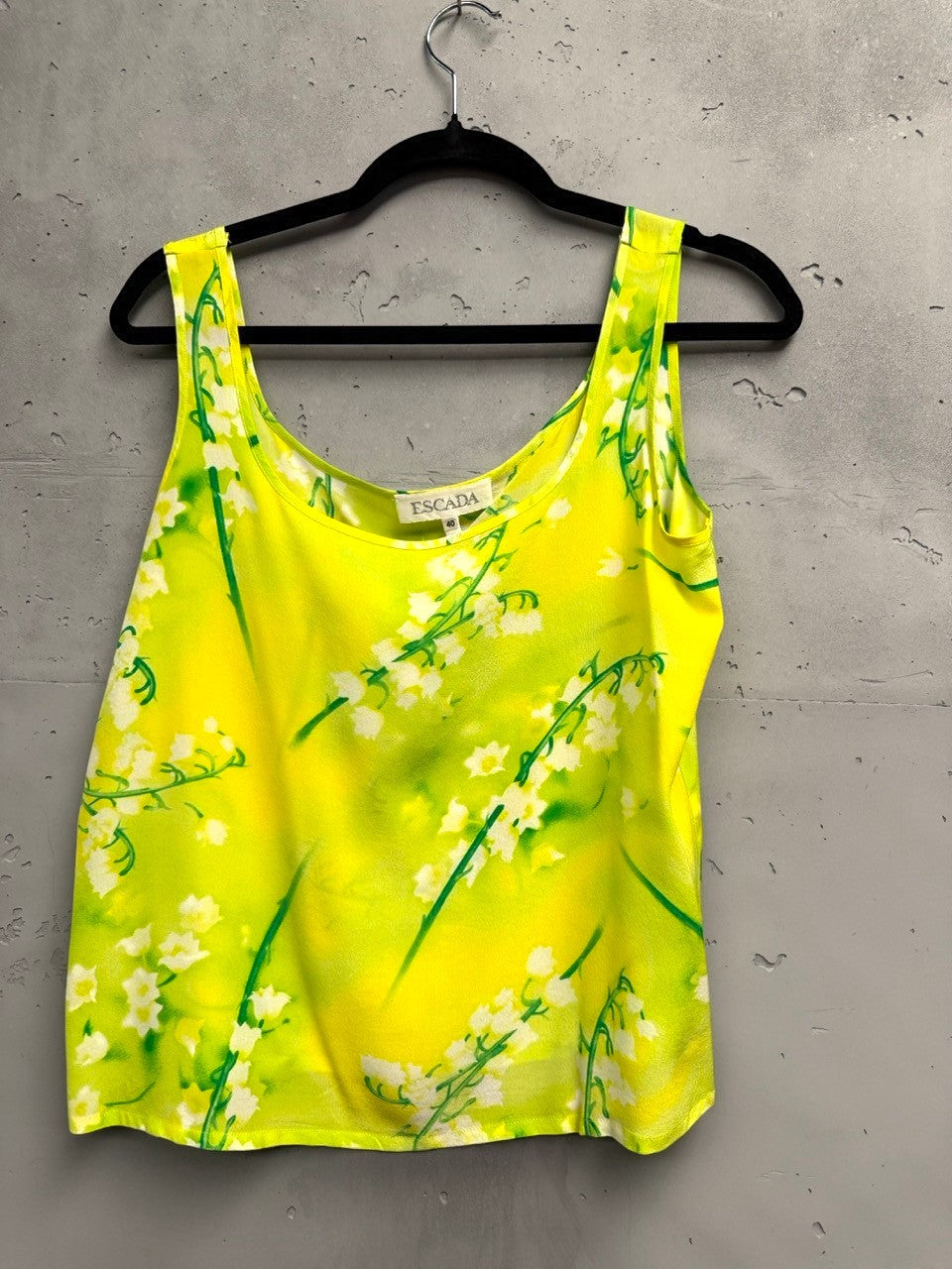 BERLIN VINTAGE CORNER yellow silk blend tank top with lily of the valley floral print and scoop neckline.