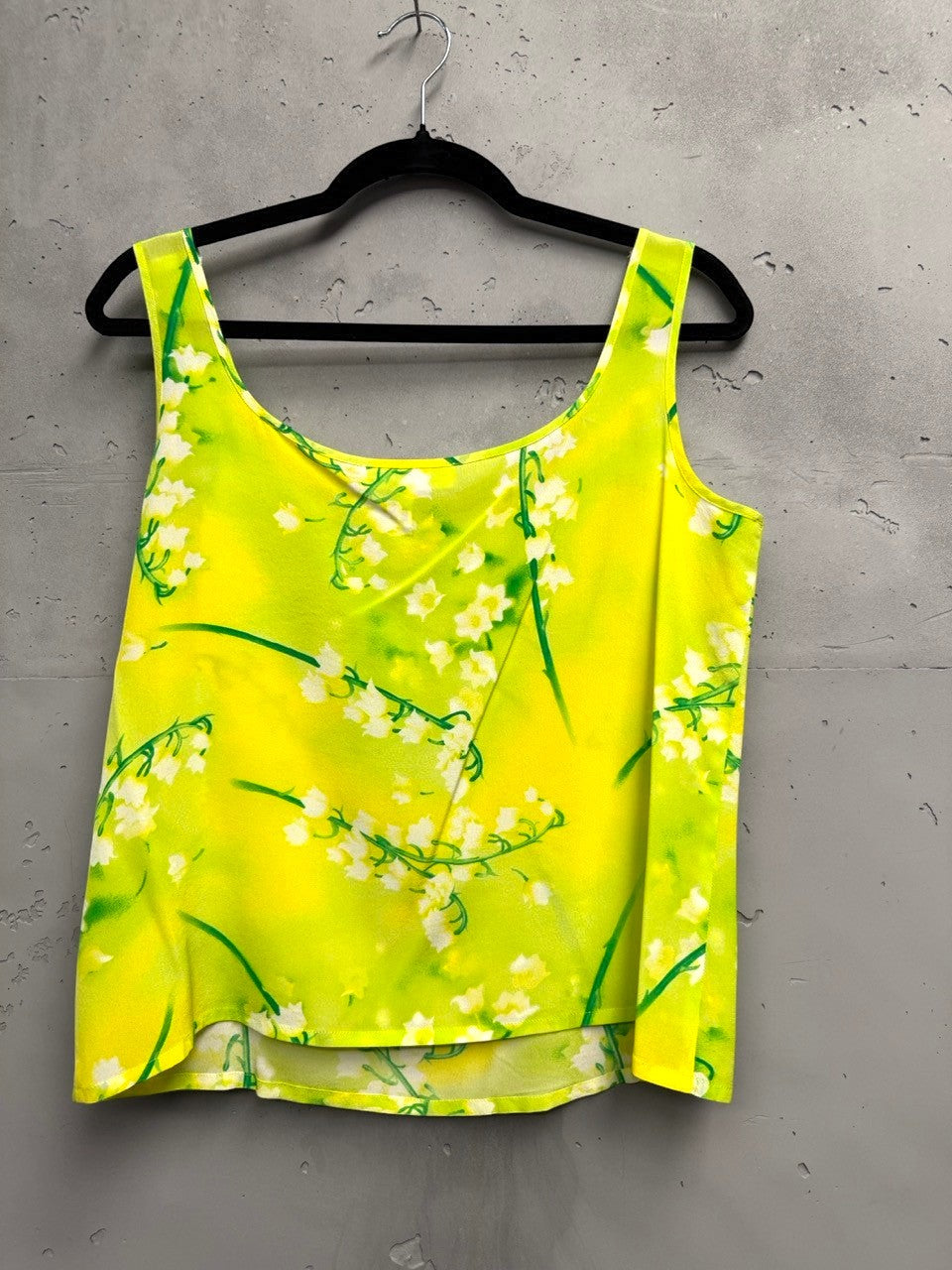 BERLIN VINTAGE CORNER yellow silk blend tank top with lily of the valley floral print and scoop neckline.