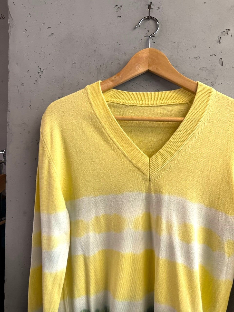 BERLIN VINTAGE CORNER D&G Dolce & Gabbana yellow and green tie-dye V-neck knit sweater with ribbed trim.