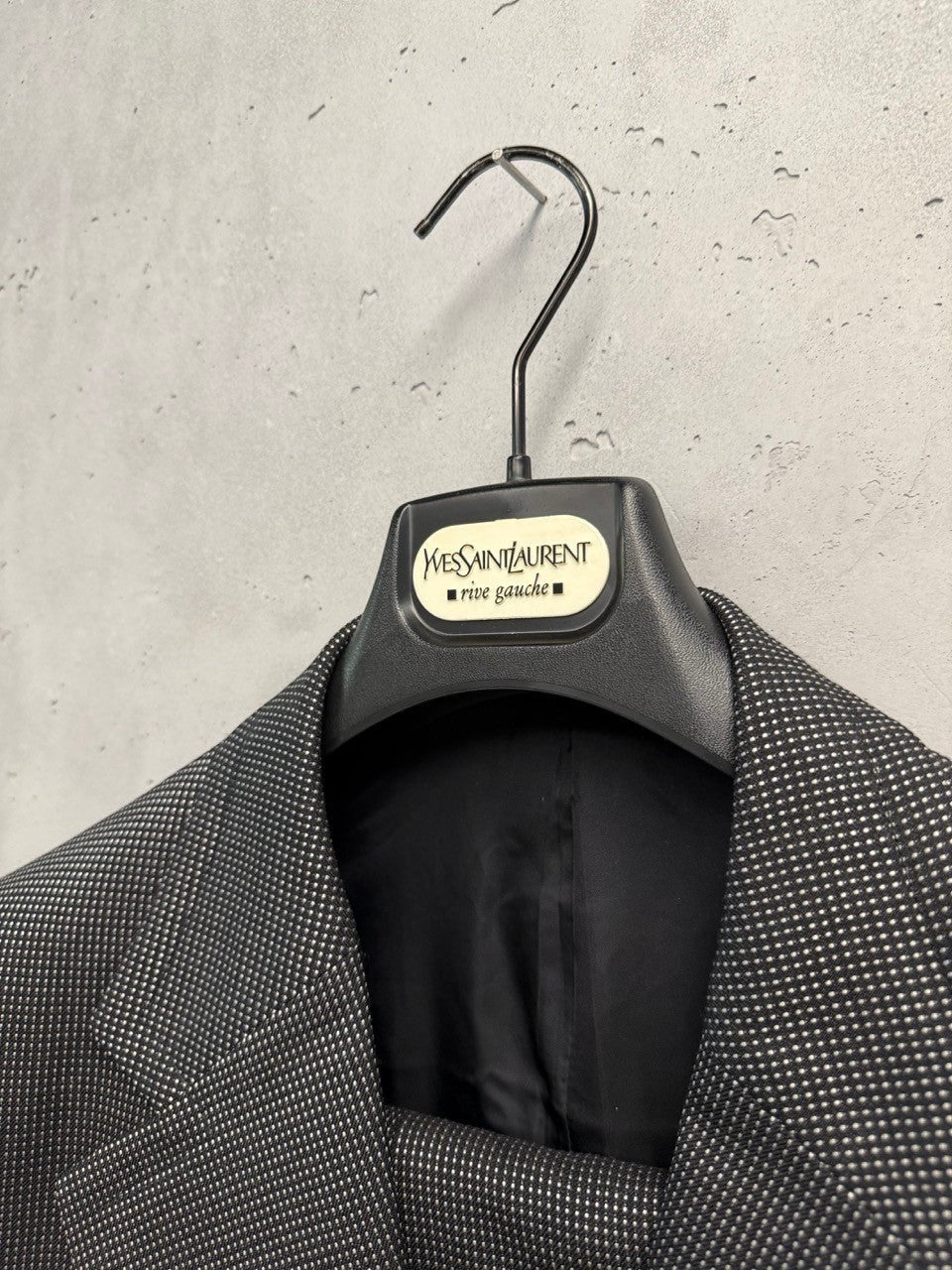 BERLIN VINTAGE CORNER Yves Saint Laurent Rive Gauche grey micro-dot wool blend suit. Classic notched lapel, two-button jacket.