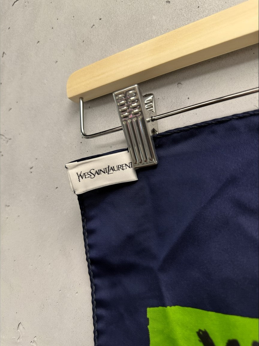 BERLIN VINTAGE CORNER Yves Saint Laurent navy silk scarf with graphic print and lettering.