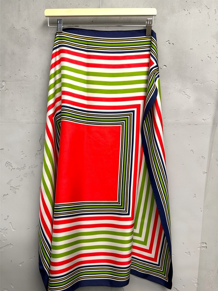 BERLIN VINTAGE CORNER Yves Saint Laurent red, green, white, navy striped silk scarf with geometric pattern.