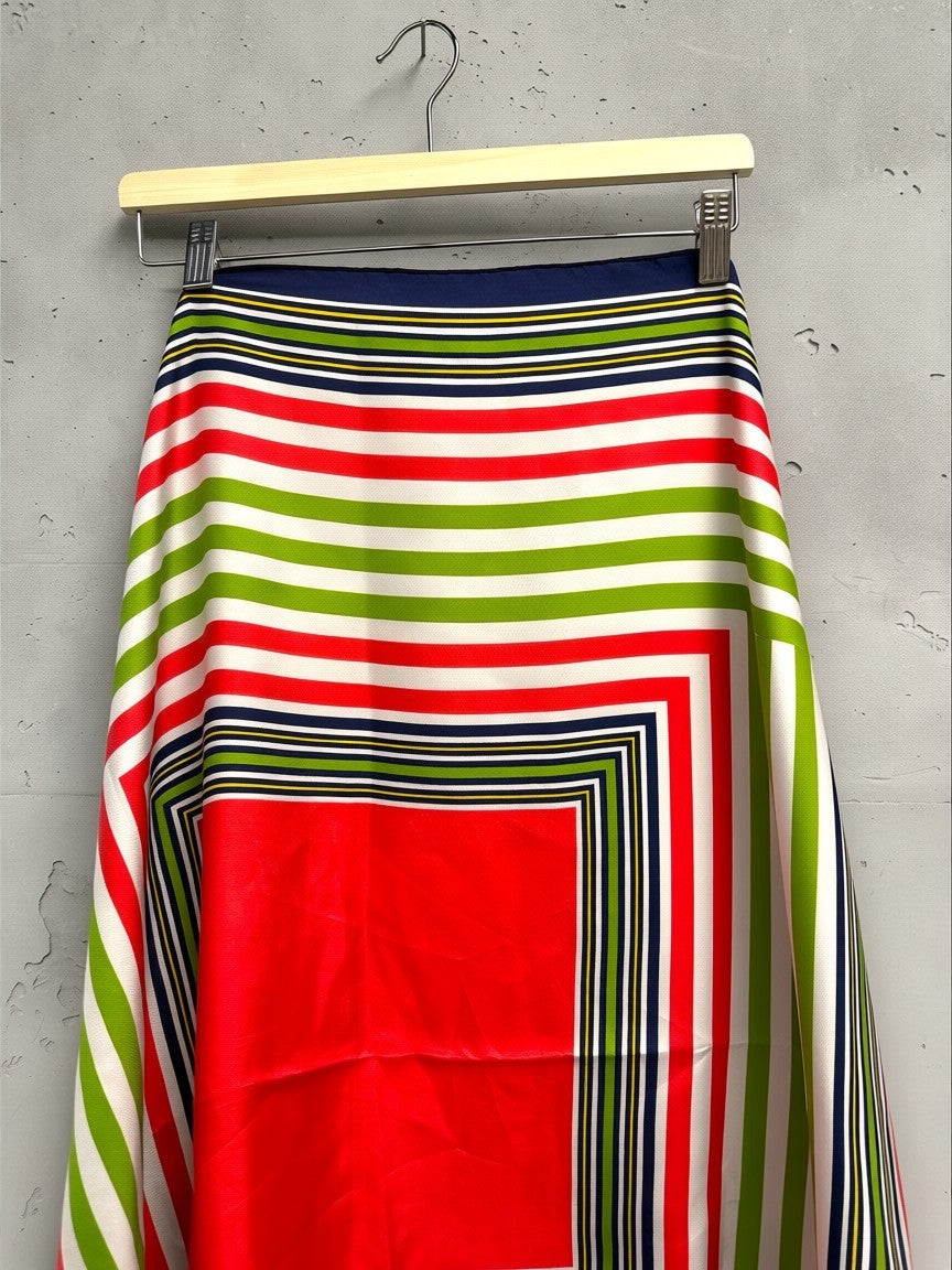 BERLIN VINTAGE CORNER Yves Saint Laurent red, green, white, navy striped silk scarf with a central red square.