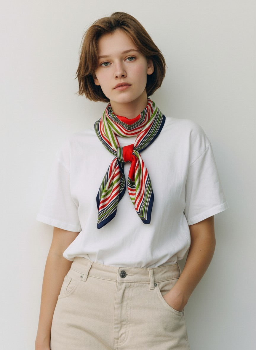 BERLIN VINTAGE CORNER Yves Saint Laurent red, green, white, navy striped silk scarf with a central red square. Geometric pattern.