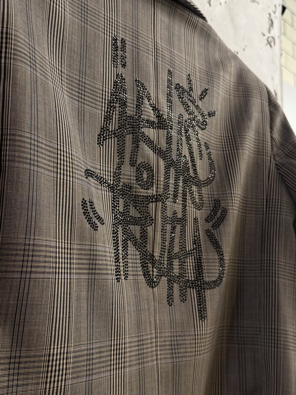 BERLIN VINTAGE CORNER Zadig & Voltaire grey glen plaid blazer featuring a back graphic in shimmering dark crystals.